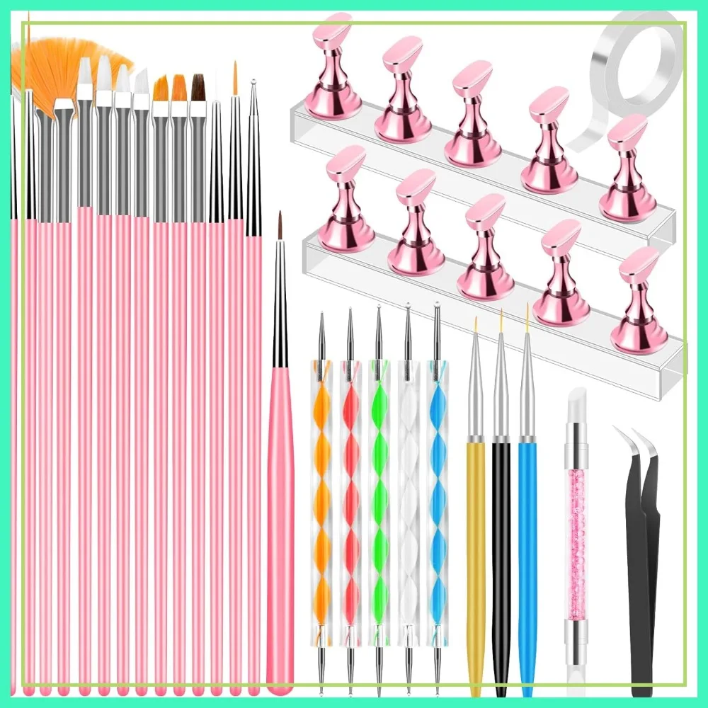 

Nail Art Tools Set with Stand, Brushes & Dotting Tool for Press on Nails, Must Haves for Nail Tech & Beginners (Pink)