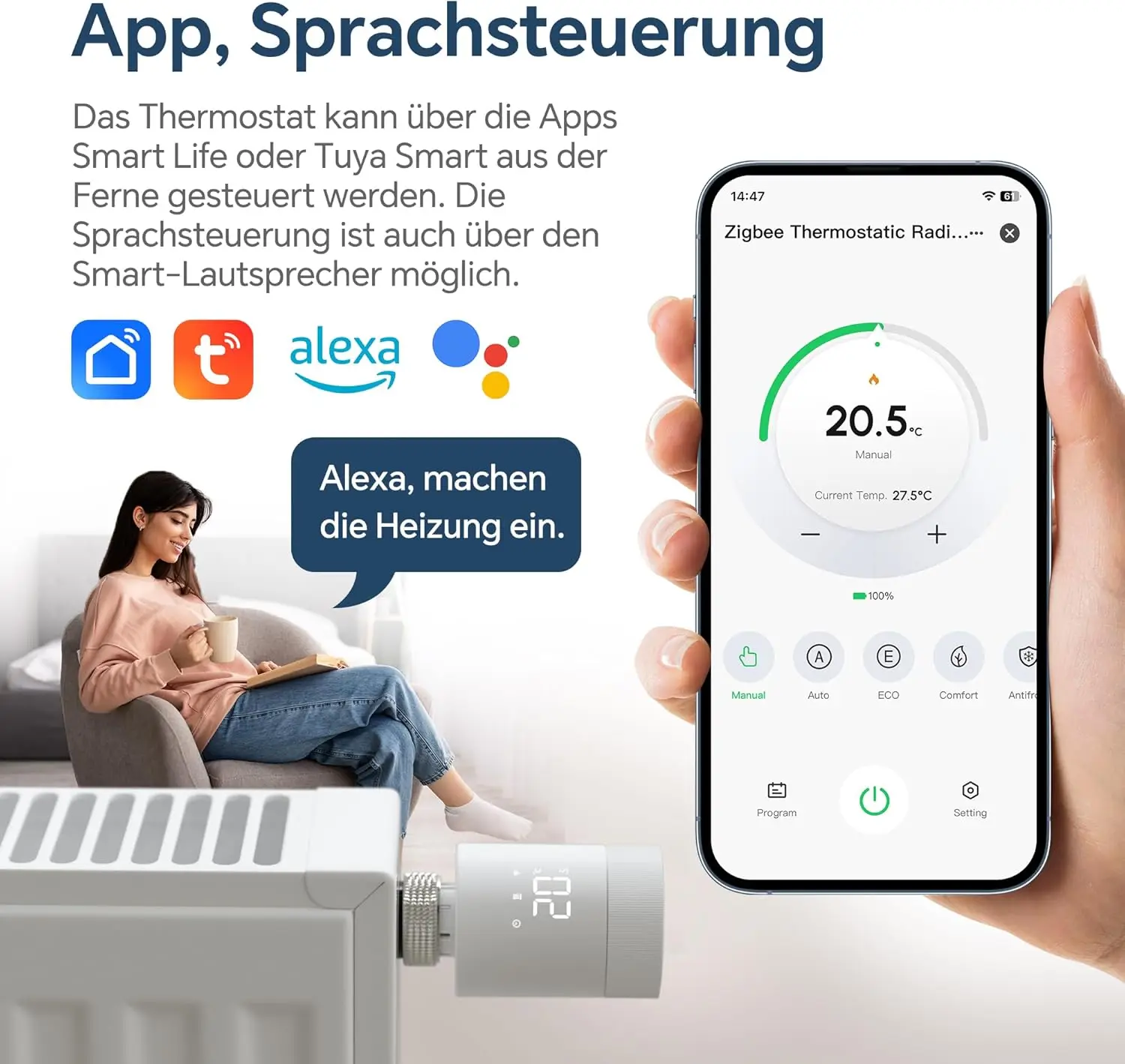 วาล์วควบคุมอุณหภูมิแบบเทอร์โมสแตติก Tuya ZigBee Smart TRV สำหรับหม้อน้ำ ควบคุมอุณหภูมิผ่านเสียง รองรับ Alexa Google Assistant และ 2mqtt