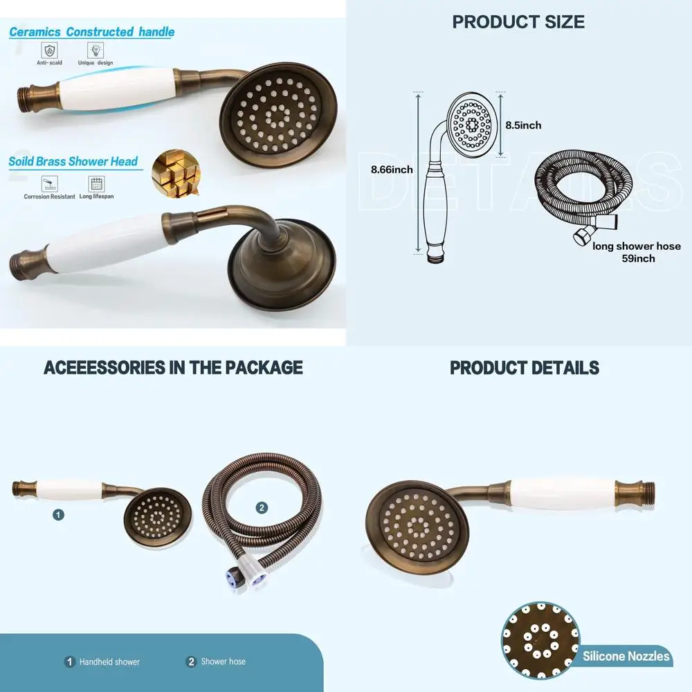 

Antique Bronze Telephone-Style Brass Shower Head with Ceramic Nozzle and 59 Hose for Vintage Bathroom