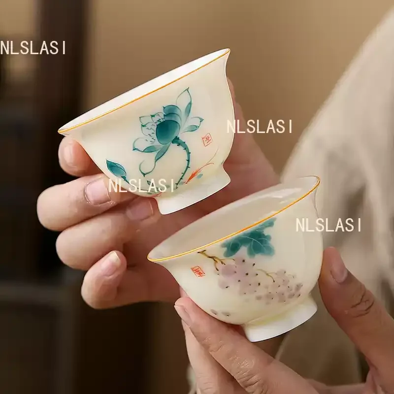 2PCS  Ceramic Hand-painted Tea Cups Chinese Plant Patterned Tea Bowl Living Room Coffee Cup Household Tea Ceremony Accessories