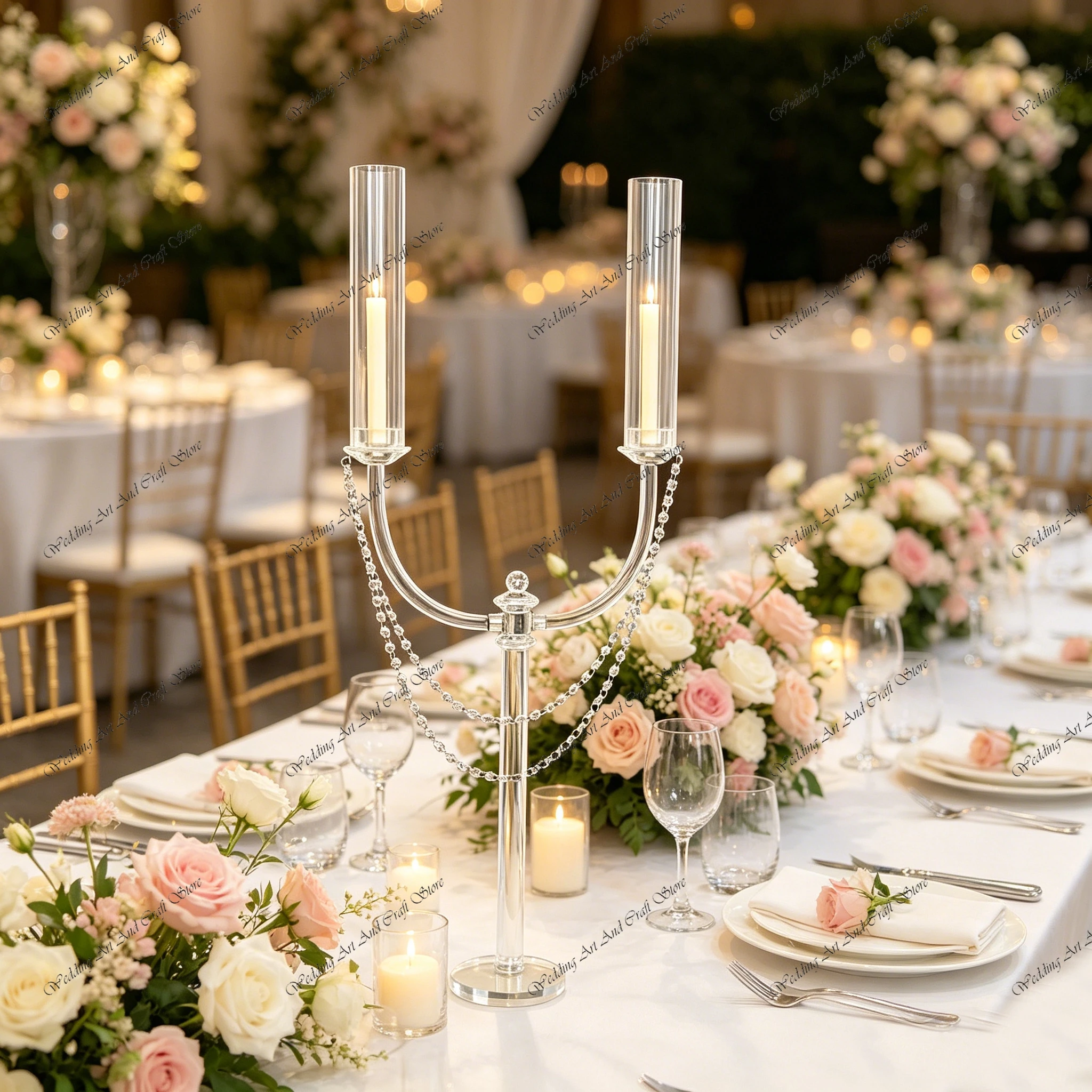 10pcs f30 100cm 2 Arms Candle Crystal Glass Holder Transparent Columns Beaded Chains Wedding Reception Table Centerpiece ivy1013
