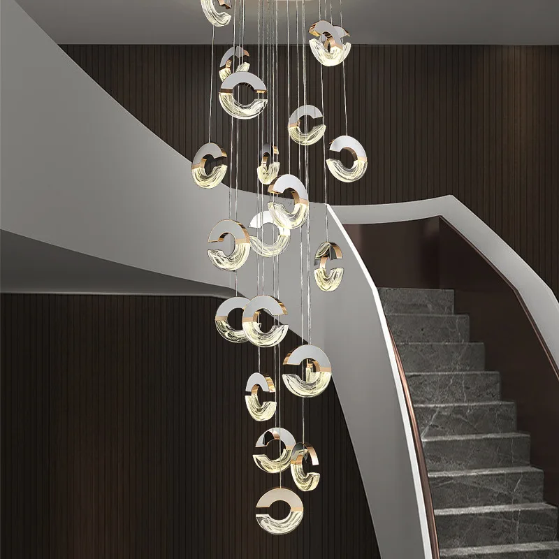 Modern New C-type Cloud and Mist High End Crystal Lamp Villa Duplex High Rise Middle Floor Rotating Staircase Pendant Lamp