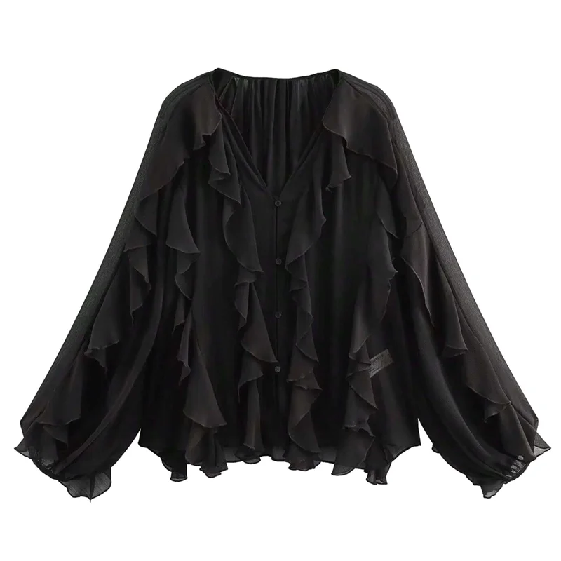 

Women Dressy Casual Blouse Business Long Sleeve V Neck Ruffles- Tops Office Work Outfit-A55G