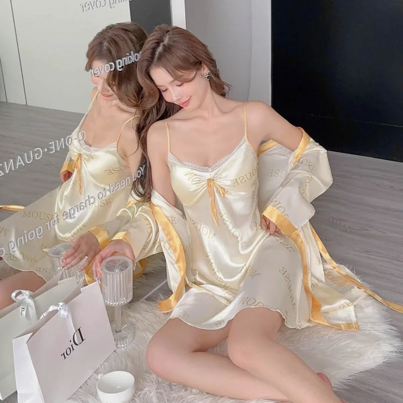 Sexy Women Pajamas Spring Autumn Latest Pyjamas Ice Silk Halter Nightdress Lacework Bow Sleepwear Comfortable Printed Nightgown