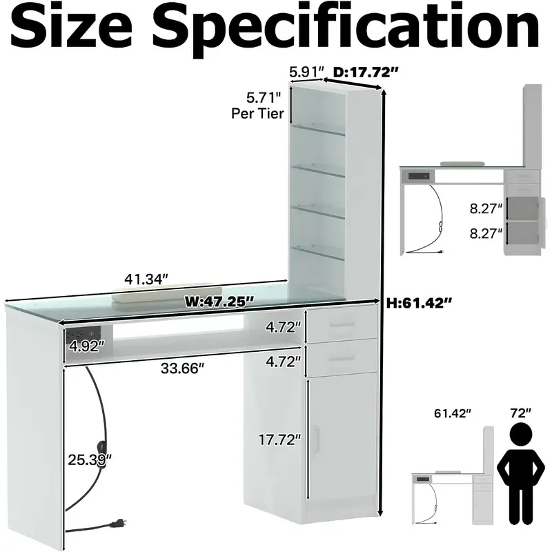 Nail Desk with 5-Tier Storage Shelves Manicure Table with Power Outlet Smooth Glass Top Salon Workstation with Drawers