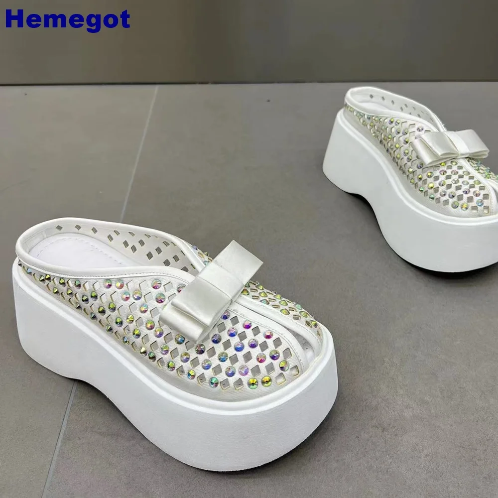 Colorful Crystal Bling Butterfly Knot Slippers Thick Sole Closed-Toe Summer Outdoor Beach Slides Fashion Women Slip On Slippers