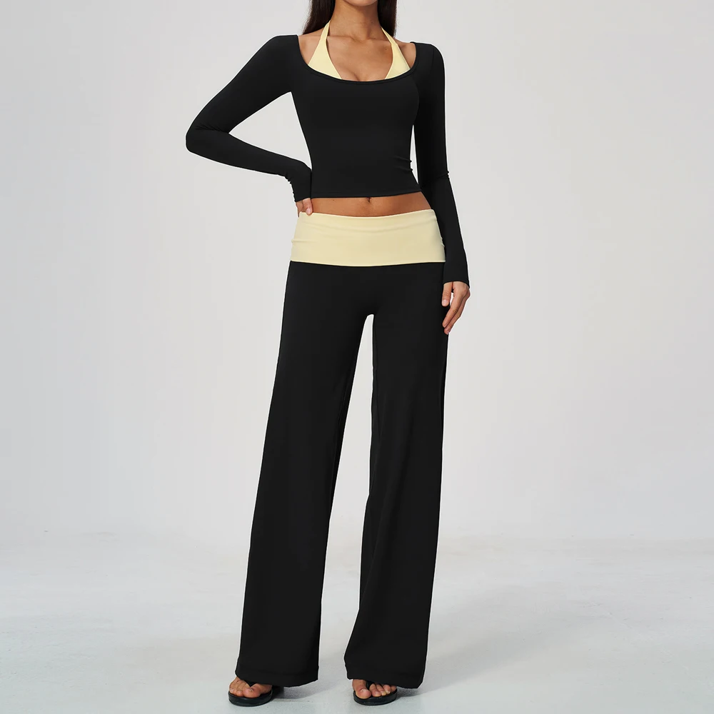 2-teiliger Yoga-Trainingsanzug für kurvige Frauen, kontrastfarbenes, dehnbares, langärmeliges Crop-Top, umklappbare Taille, weit geschnittene Hose, passendes Set – Detail 7