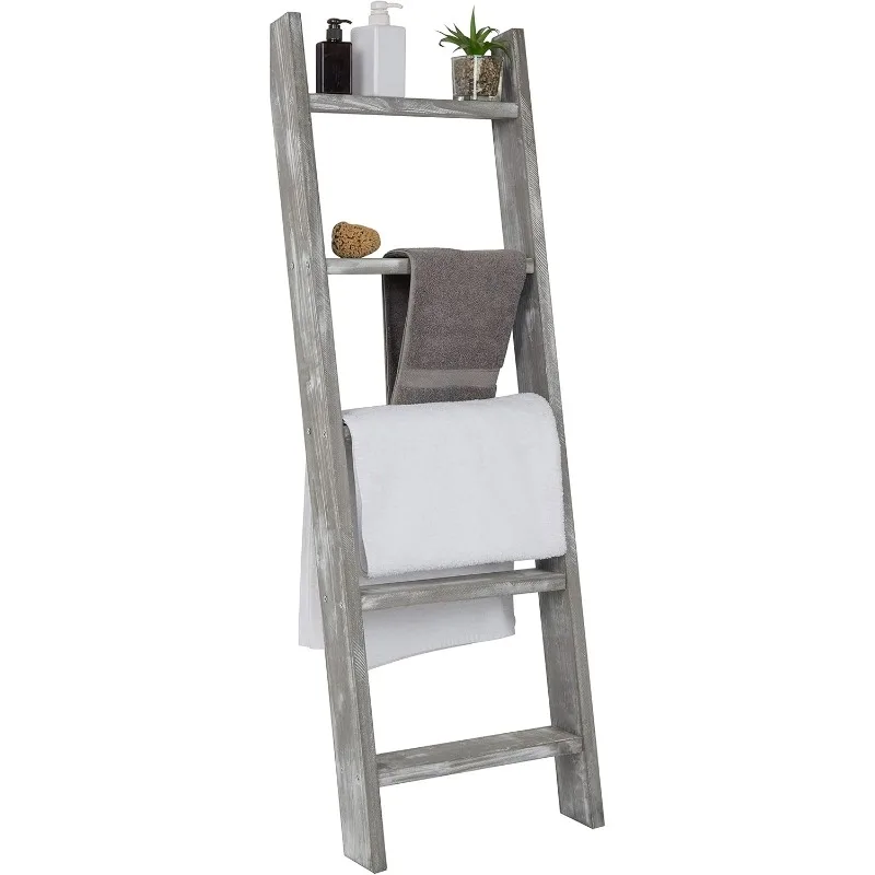 

Gray Washed Wood Decorative Ladder Shelf, 4.5 Foot Wall Leaning Wooden Towel Blanket Ladder Storage Rack for Bathroom