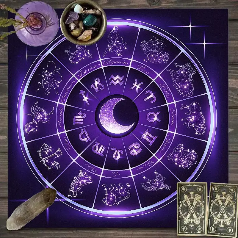 VIKAMA Neon Purple Zodiac Tarot Table Cloth Crescent Moon Altar Cloth Constellation Witch Celestial Divination Ritual Table Mat