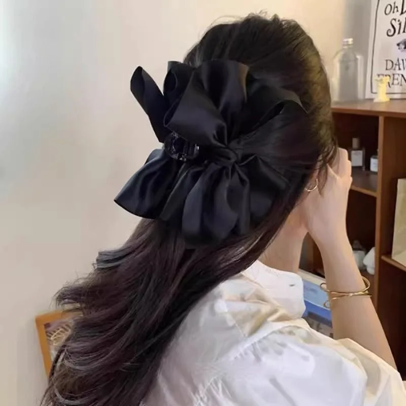 Large Bow Hair Claw Clip New Trendy Solid Color Black Hair Shark Grab Clip Hair Style Tools Hair Accessories for Women Girl
