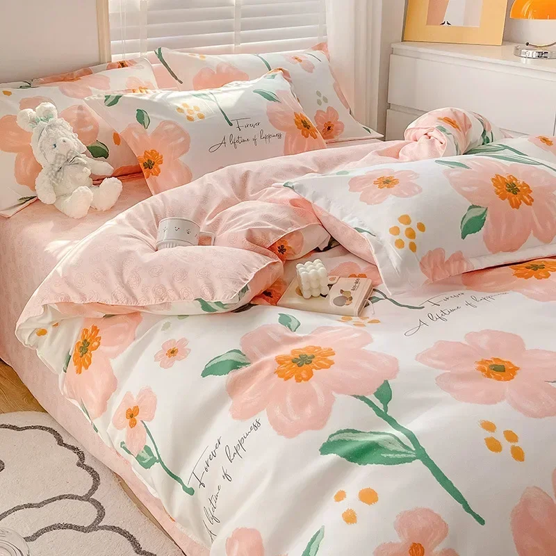 Lavender Floral 4 Pieces Duvet Cover Set with Sheet Washed Cotton Twin Size Flower Printed Bedding Comforter Duvet Cover Set