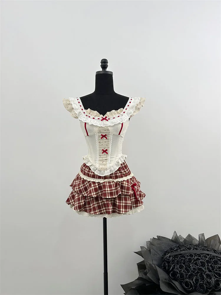 Summer Women Birthday Rave Mori Girl 2000s Ballet Core Gyaru Outfits 2 Piece Set Cute Core Lace Tank Top + Mini JK Plaid Skirt