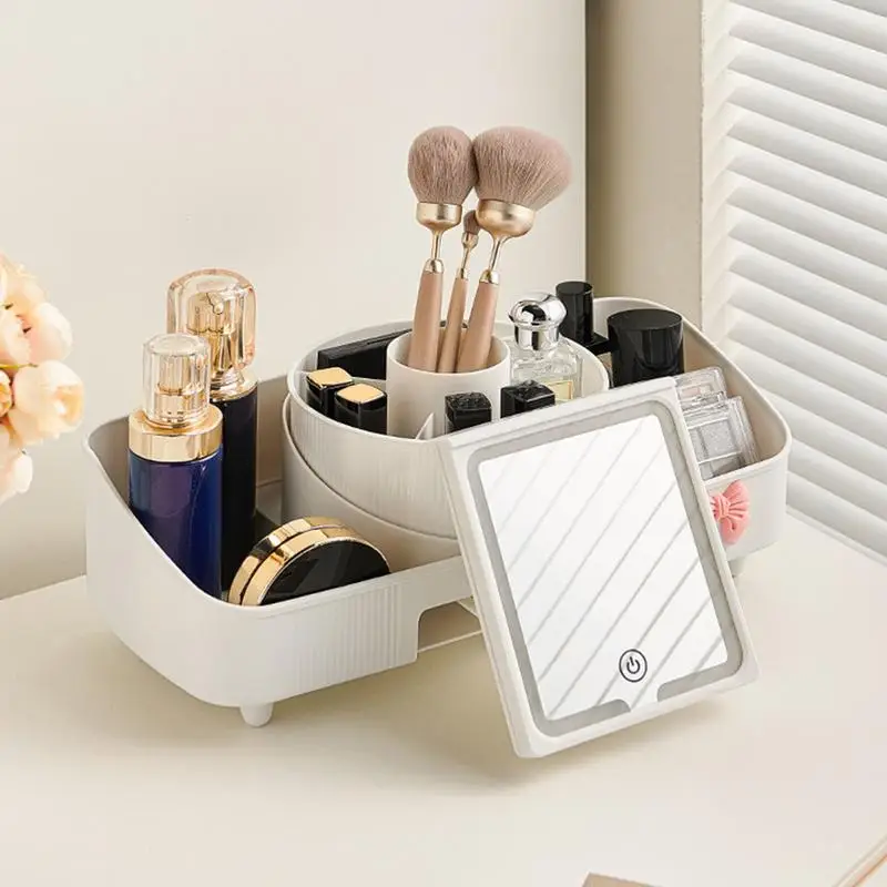 Makeup Box With Lighted Mirror Rotatable Cosmetic Storage Portable Makeup Case With Lighted Mirror With 3 Adjustable Brightness