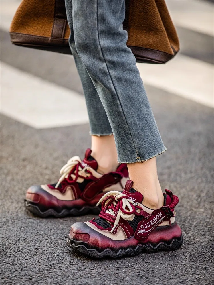 

GKTINOO Women Genuine Leather Sneakers Thick soled Big Toe Lace-Up Spring Autumn Lady Casual Flat Shoes Handmade Women Shoes