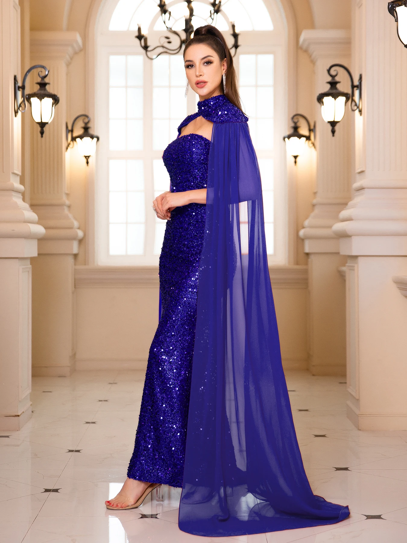 Strapless High Neck Sequined Evening Maxi Dress Chiffon Flying Sleeve Luxury Prom Gown for Women