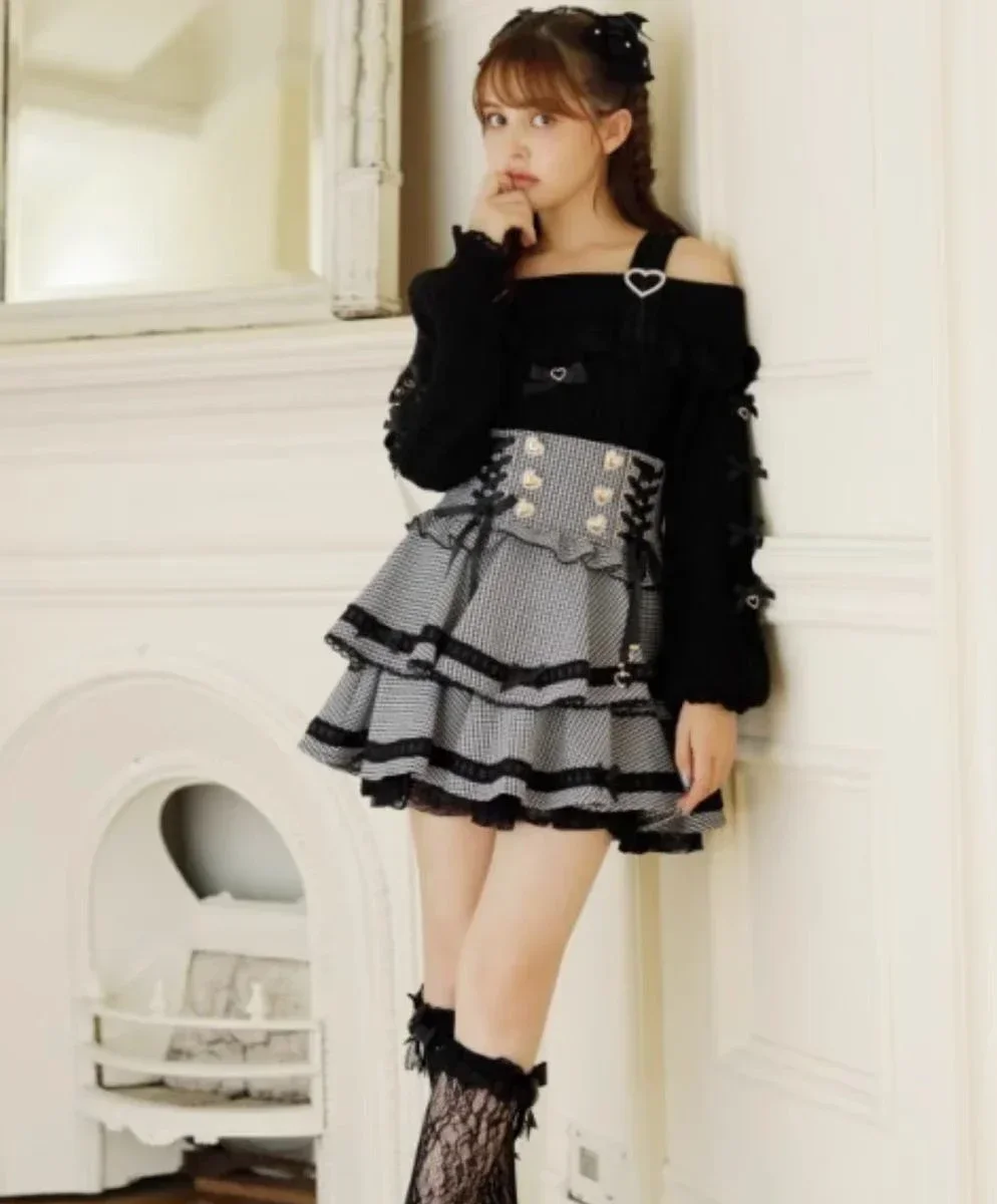 Japanese Mine Liz Sweet Girls Plaid Skirt Women\'s High Waist Bow Lace Strap Skirt Women\'s Loose Bear Print Sweater Top Spring