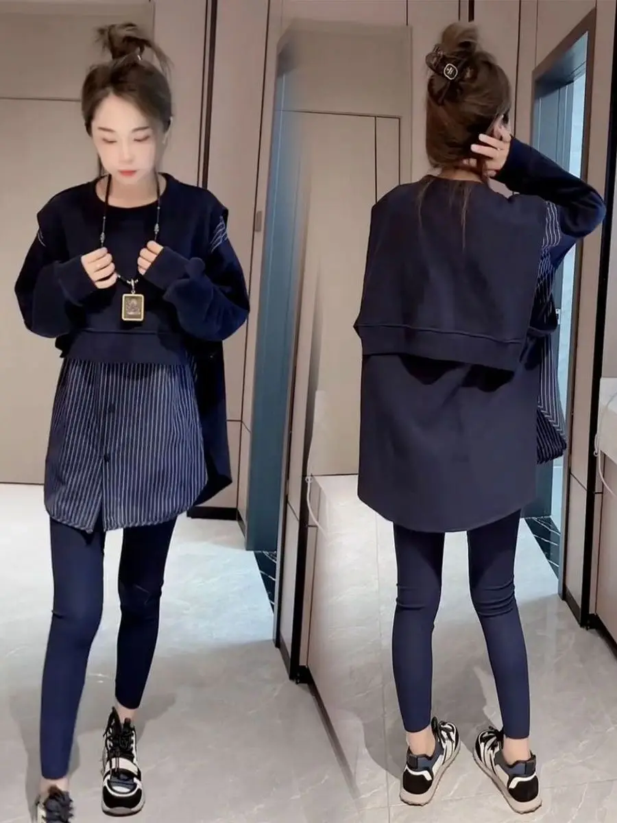 

plus Size Loose Striped Patchwork Long Sve Fake Two-Piece Women's T-irt Faionable Spring Autumn Casual Breathable Mois...