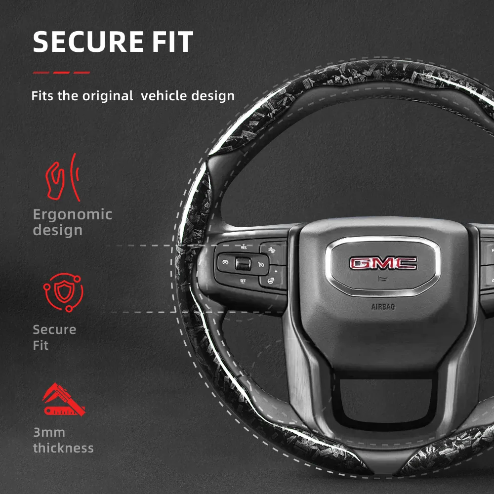 Suitable for Gmc Forged Carbon Fiber Texture Steering Wheel Cover, Durable Snap-On Quick Installation for Sierra 1500 Hd Ev Yukon Terrain Acadia Canyon Savana Hummer Ev Black Red Gold Car Interior Accessories