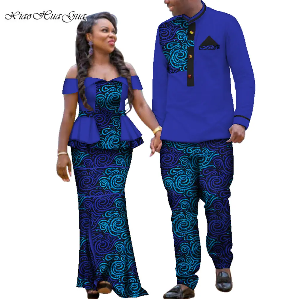 Ankara Wedding 2 Pcs Set African Dashiki Couple Print Clothing for Lovers Men's Shirt and Pant Blazer Women's Party Dress WYQ113