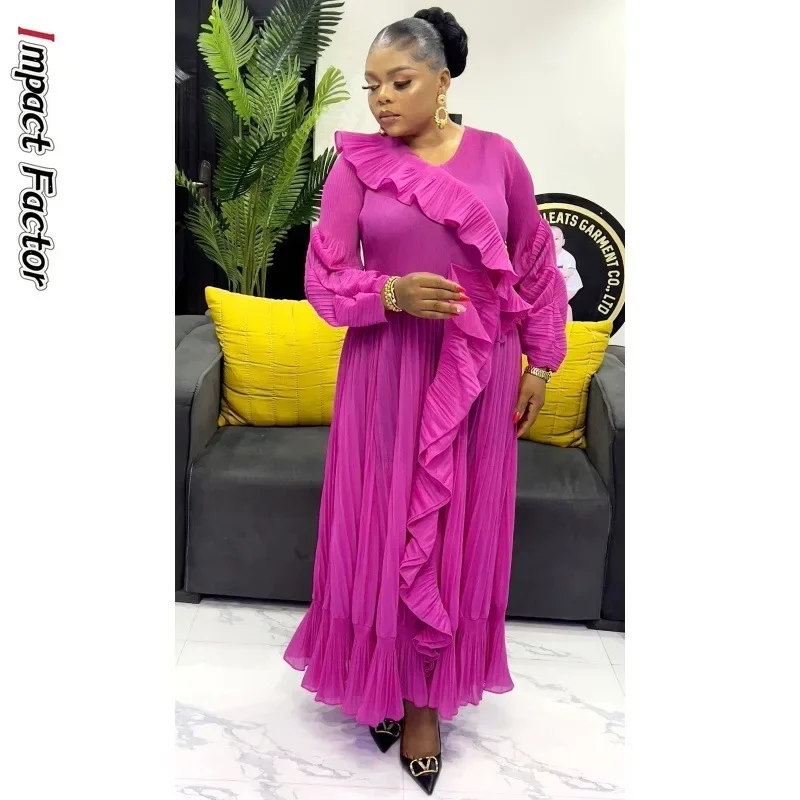 Ruffles Design Pleated Evening Dress Women Fashion Round Neck Solid Color Dresses Elegant 2025 Autumn New