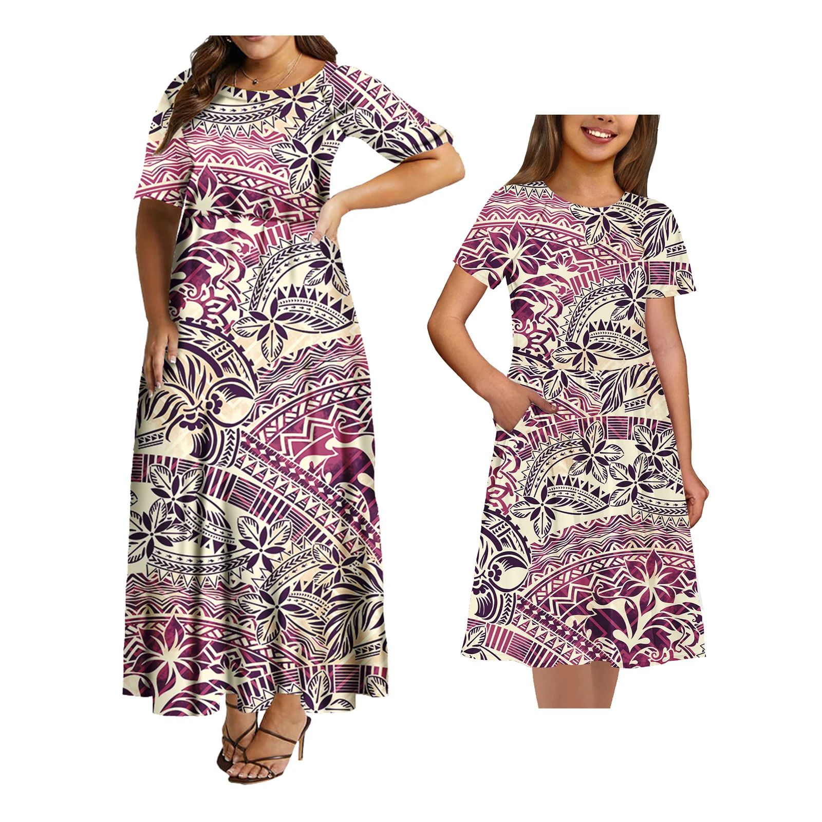 Trajes familiares a juego con estampado Tribal polinesio para padres e hijos, vestido de flores Tapa de fiji samoana para mujer, ropa personalizada para mamá e hija