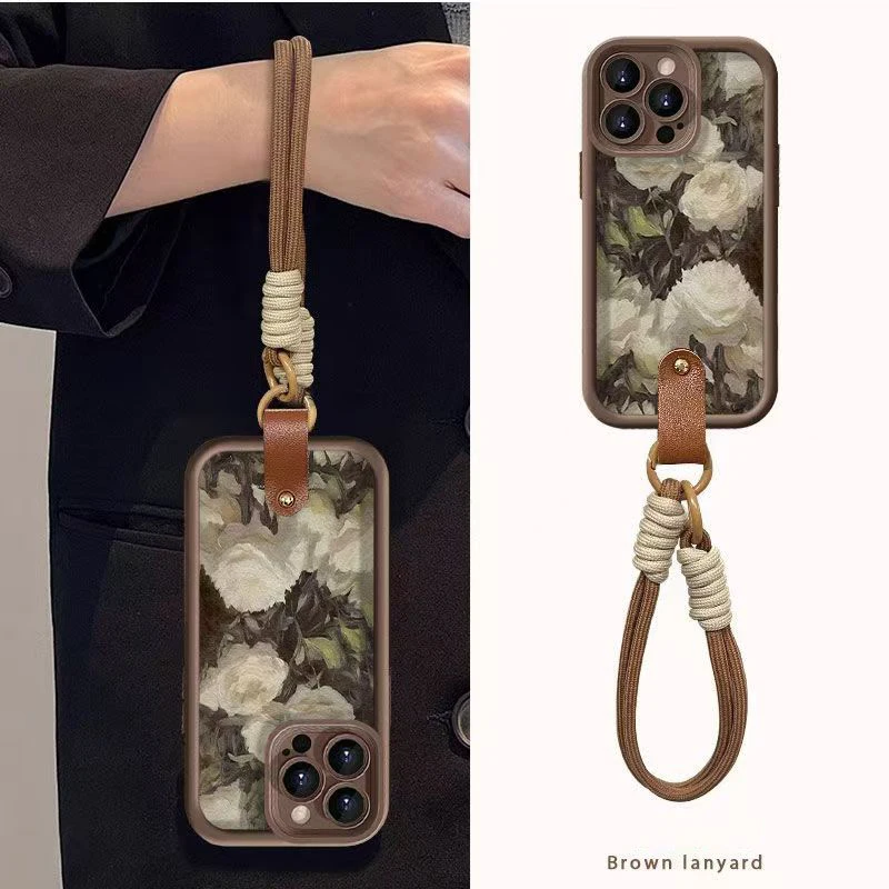 

Oil Painting Flower Pattern Wrist Strap Phone Case For Xiaomi 14T 13T 12T Pro 11 Lite 5G 15 14 13 12 11 Shockproof Bumper Cover