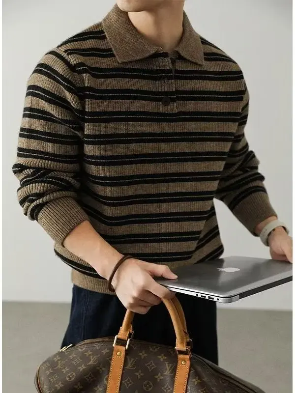 

Vintage Contrast Color Buttoned Henry Collar Long Sve Men's Knitwear Casual Loose Fit Sle Autumn Winter Top