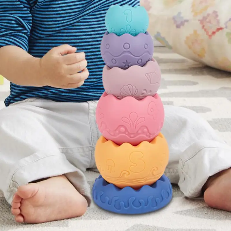 Jouets empilables en caoutchouc pour enfants, coquille d'œuf, jouets empilables mentaires oriels, jouets d'apprentissage, blocs de construction de motricité alth, doux