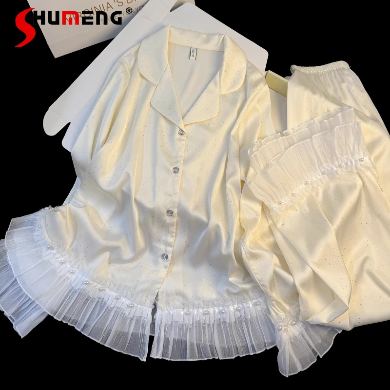 

French Style Luxury Pearl Pajama Sets Female Sequin Lace Ice Silk Loungewear Women Spring Autumn Long Sleeve Homewear Suit