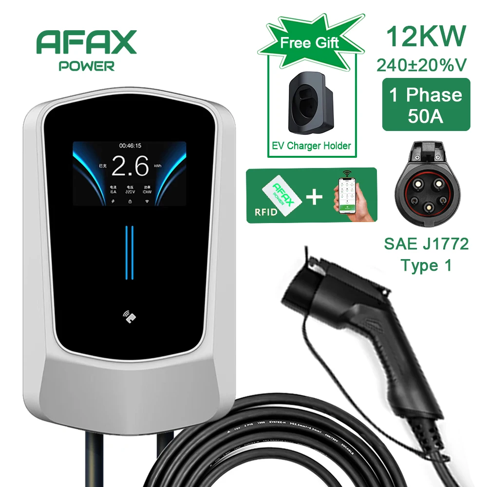 AFAX EV Charger Type1 50A EVSE Charging Cable 7.6/9.6/12KW Type1 Cable Tesla Plug SAE J1772 Controller Wallbox for Electric Car