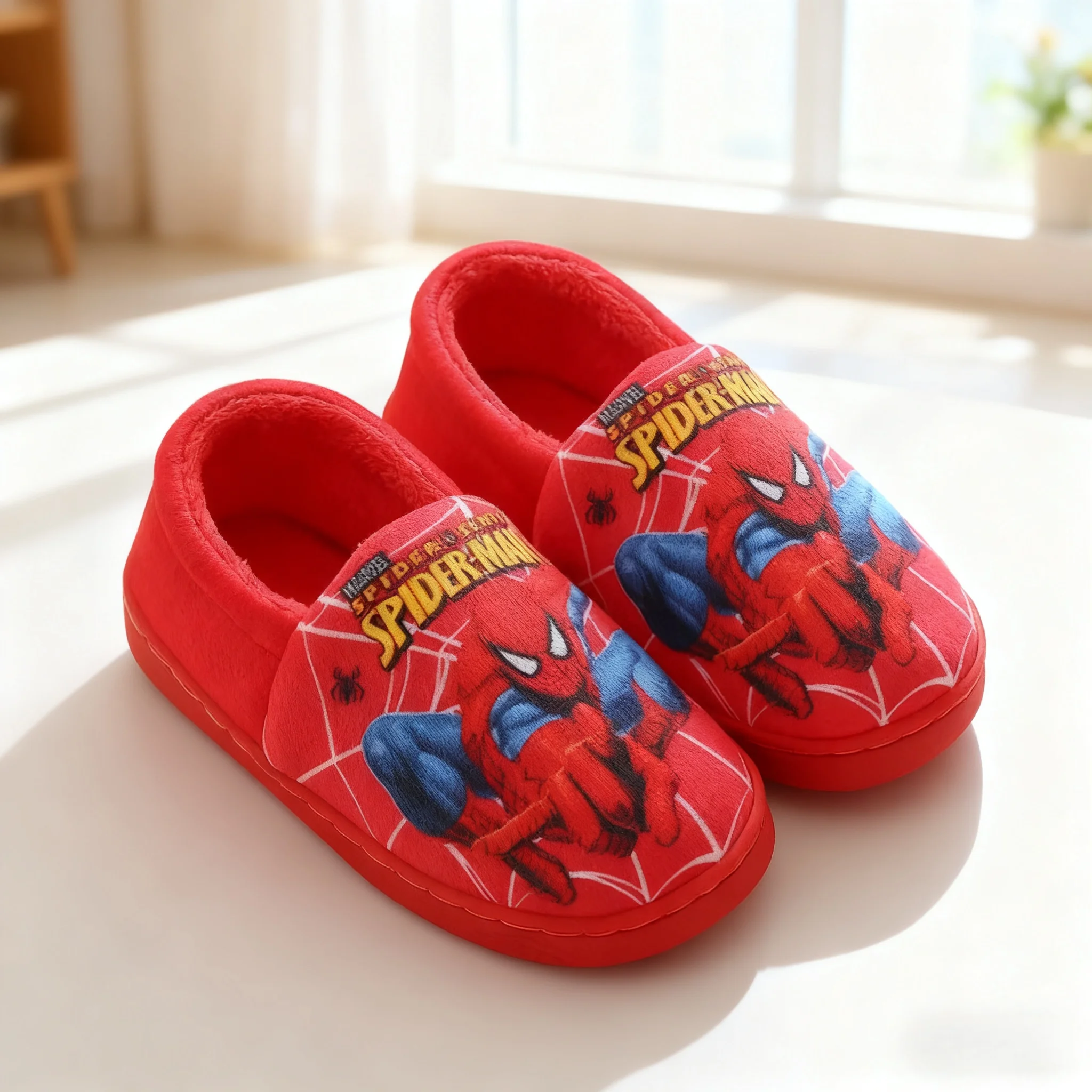 

Детские тапочки, модная зимняя обувь на плоской подошве с героями мультфильмов для детей, нескользящие теплые домашние тапочки на толстой подошве, красные, синие, размер 24-39