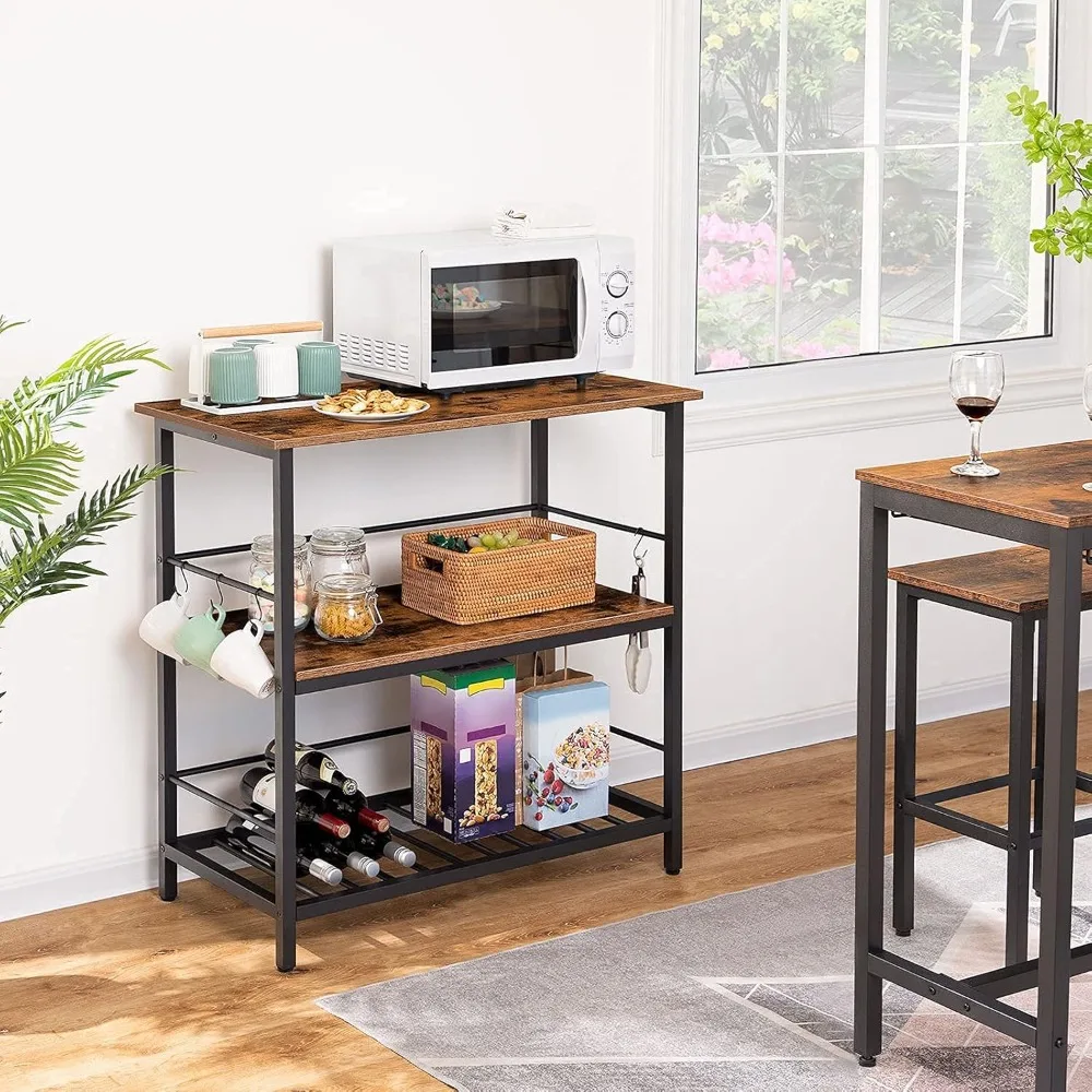 HOOBRO Kitchen Island with Wine Rack, Industrial Kitchen Counter with Hooks and Protective Rails, 3 Tier Kitchen Shelf