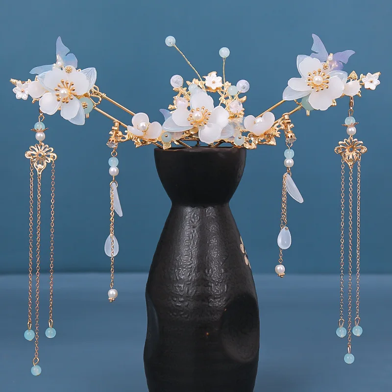 

New Chinese Style Hair Jewelry U Shaped Hair Sticks Forks White Flower Butterfly Designs Long Tassel Hairpins for Women Girls