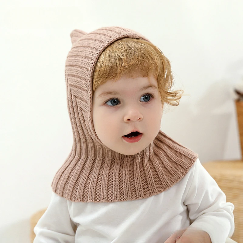 Autumn Winter New Newborn Baby Knitting Warm Scarf Cap Boy Girl Infant Solid Fashion Pullover Hat Kid Windproof Earmuffs Caps