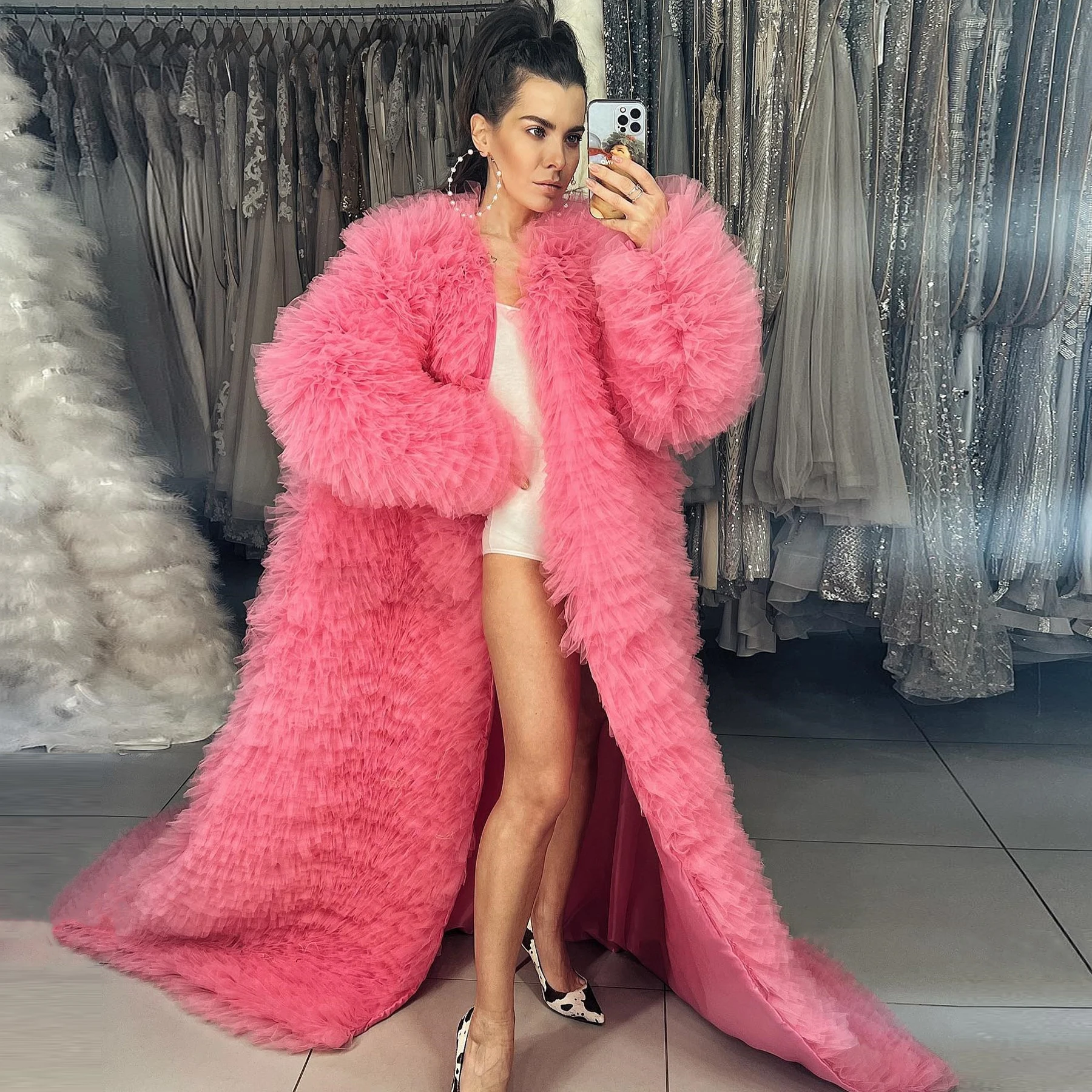 Photography Perform Cape Coat Long Jackets Tulle Women Coat Photo Shooting Jackets Maternity Robe Dress for Extra Puffy Ruffles