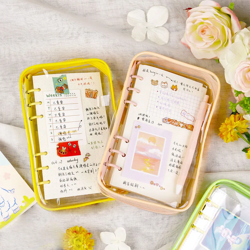 Yiwi A6 Ring Binder Cute Zip Bag PVC Transparent Loose Leaf Binder Notebook Inner Core Cover Note Book Planner Office