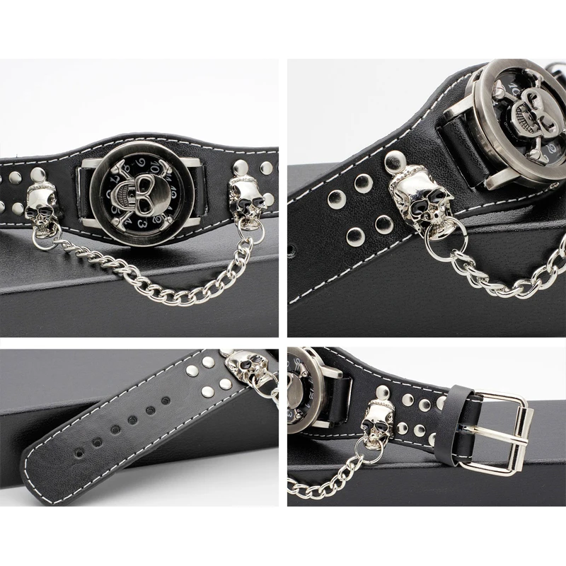 New Leather Flap Dial Chain Skull Gothic Matching Men's Watch Quartz Clock Halloween Gift Box