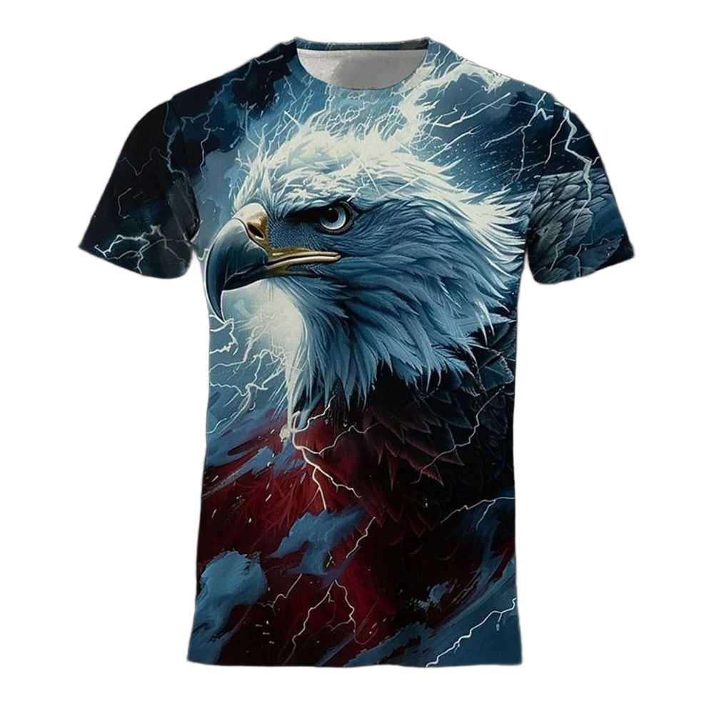 تي شيرت رجالي صيفي متعدد الاستخدامات مطبوع ثلاثي الأبعاد بلون نسر رائع ورقبة دائرية وأكمام قصيرة فضفاض ومريح على الموضة