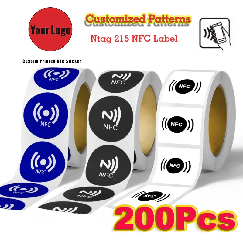 

200Pcs Custom Printed NFC NTAG215 Sticker Label 504Bytes 13.56MHz 14443A protocol NFC Forum Type 2 Tag Programmable NFC Tags