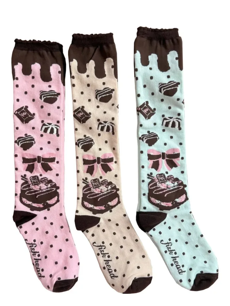 Oryginalne skarpetki do połowy łydki Qiaoqiao Cake, skarpetki bawełniane z motywem ciasteczka czekoladowego, skarpetki LOLITA z koronką, skarpetki damskie do połowy łydki