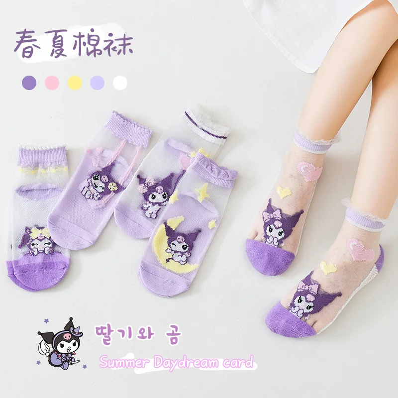 5 Pairs /lot Children Cotton Socks Anime SanrioHello Kitty Summer Breathable Mesh Socks KuromiCinnamoroll Cartoon Socks 1-12y