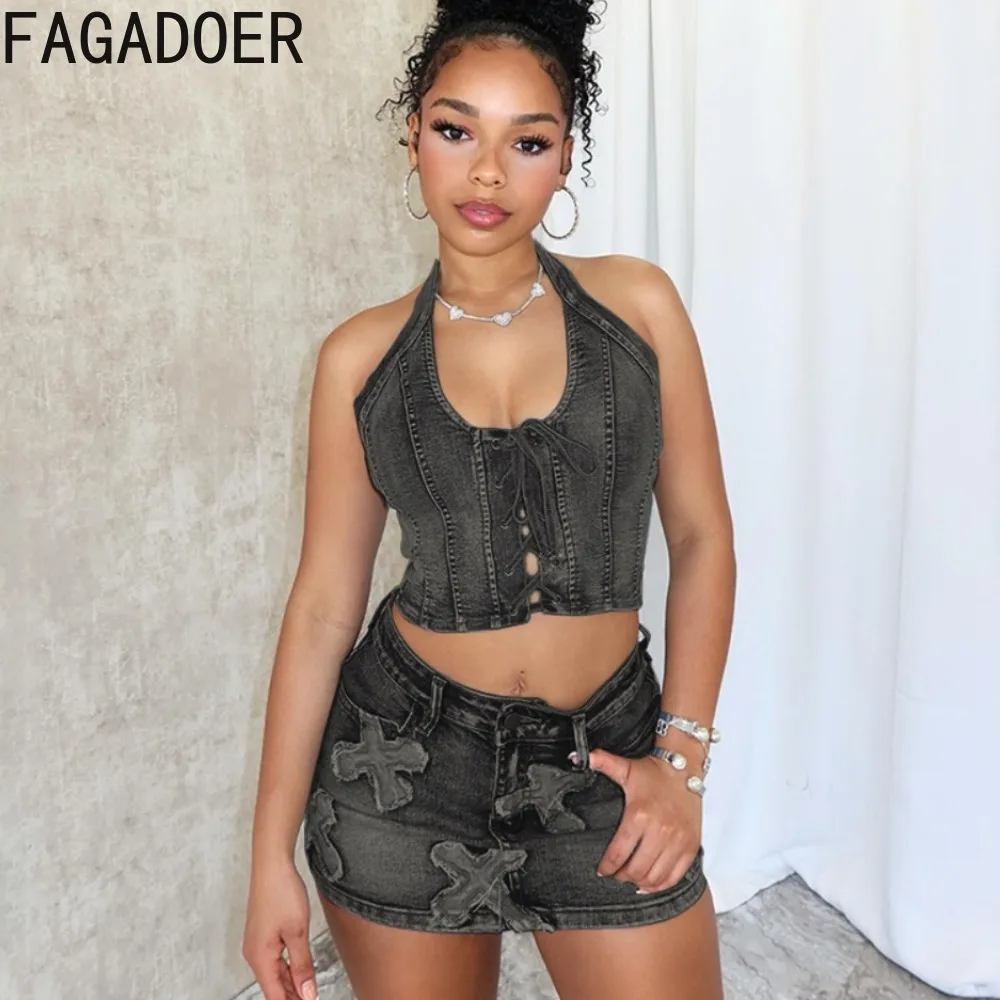 

FAGADOER Fashion Embroidery Hollow Lace Up Denim Two Piece Sets Women Halter Sleeveless Backless Top+Mini Skirts Cowboy Outfits