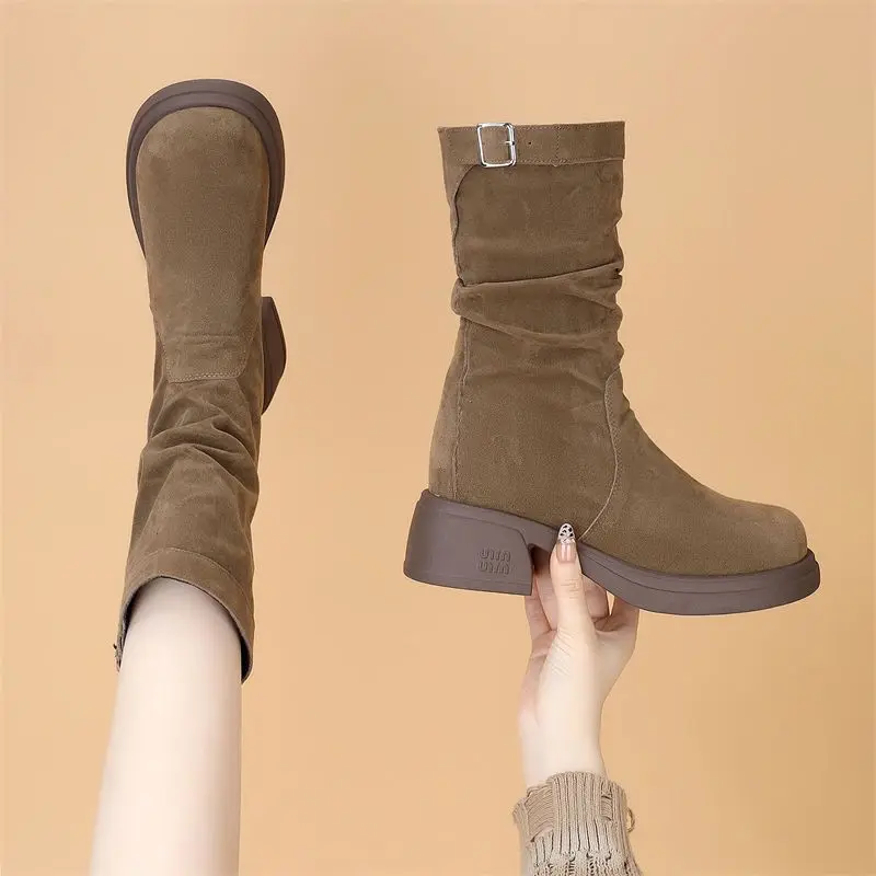 جولة تو كعب متوسط المرأة نصف أحذية عالية الخريف الشتاء الصوف مبطن منصة السيدات منتصف العجل أحذية أنيقة وأنيقة التمهيد #3