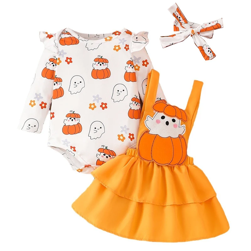 3Piece Sets Autumn Halloween Girl Bodysuits Cartoon Pumpkin Print Long Sleeve Baby Rompers+Skirt+Hair Band Newborn Clothes BC484