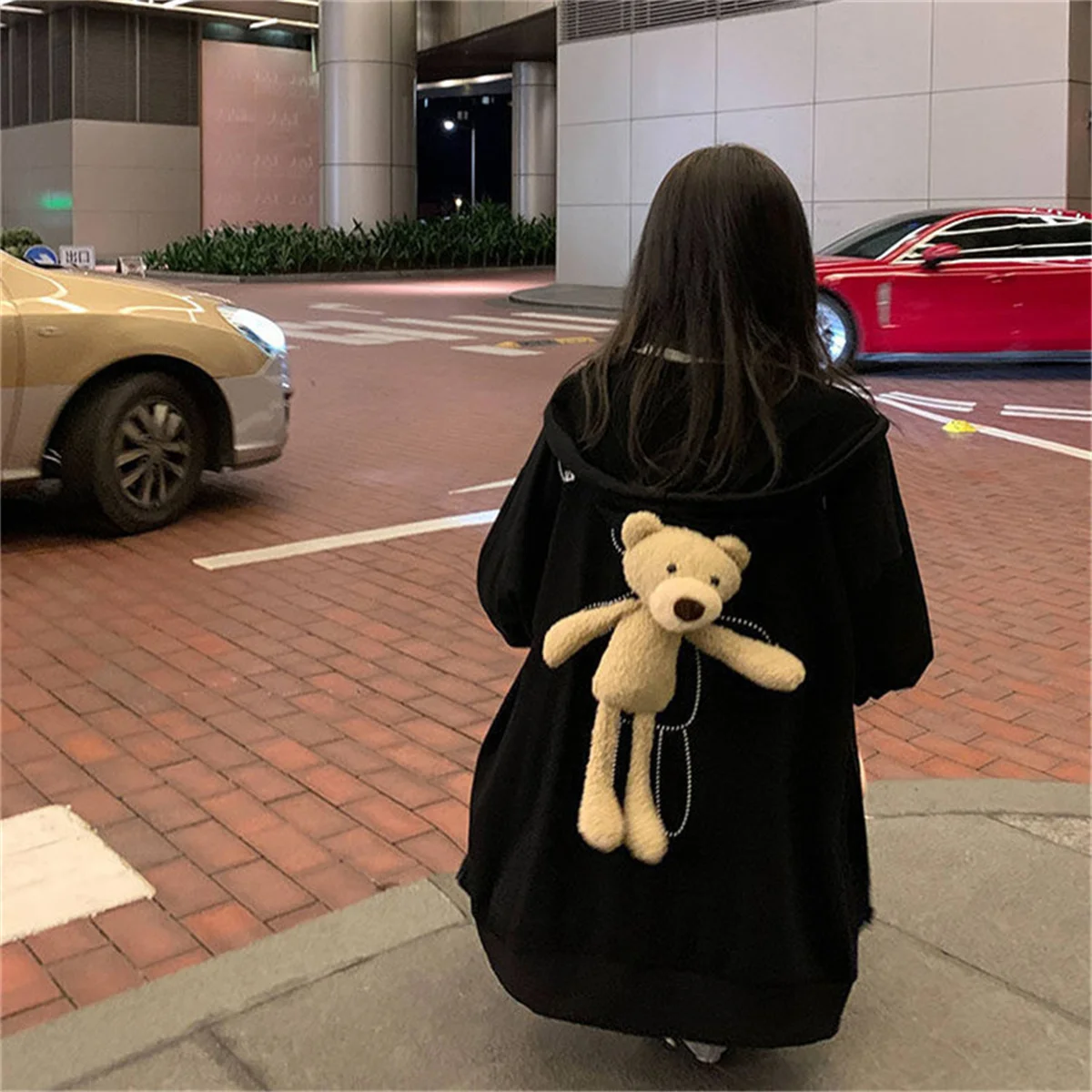 Cute Cartoon Bear Hoodie Streetwear Hip Hop Women Sweatshirts Casual Autumn High Street Tops Harajuku Cute Hoodie With Doll