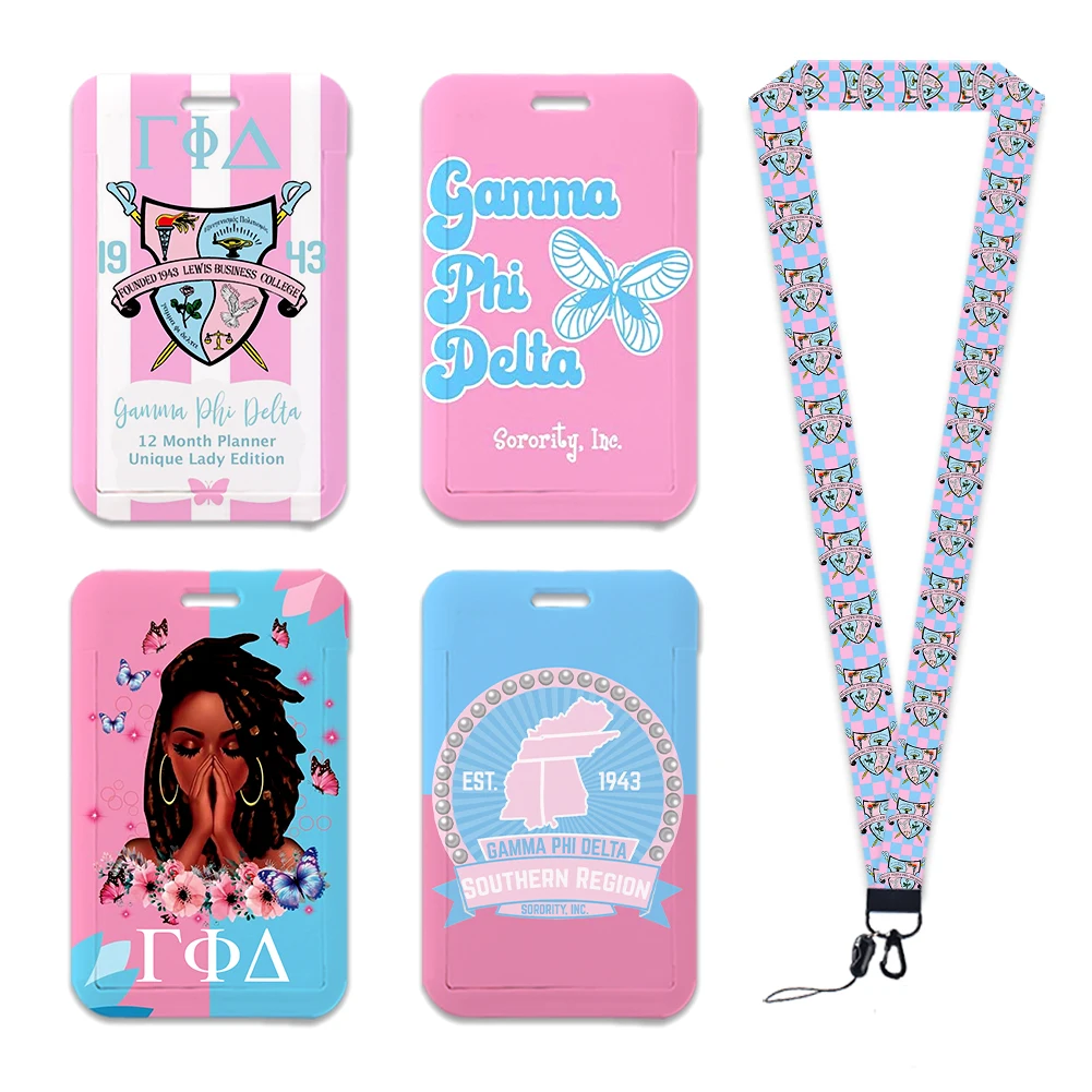 Neue Ankunft Gamma Phi Delta Sorority Kunststoff Kartenhalter Schlüsselanhänger Arbeitskarte Bus Zugangskartenhalter PVC Schlüsselanhänger Schwester Geschenke