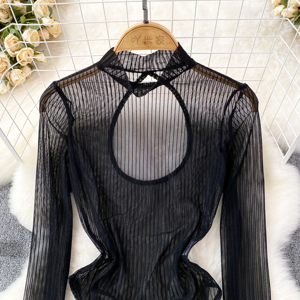 Autumn Fashion Sexy Long Sleeve Chest Hollow Mesh Bodysuit Black Jumpsuit Women's Casual  Stand Neck Europe Style Bottom Top