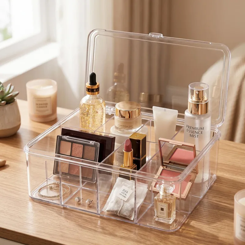 

Clear Acrylic Flip Top Storage Box Compartment Organizer For Makeup Tea Bags Jewelry Vanity Bathroom Desk For Women Teens Gift