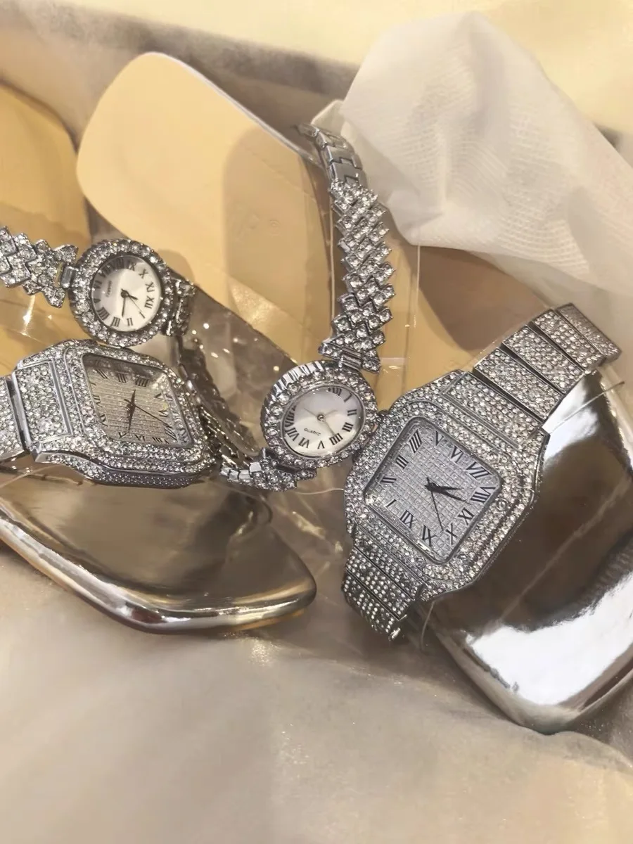 Original design Crystal watch high heels sandals women's luxury diamond bling leather clear heeled slippers party dating shoes view 6