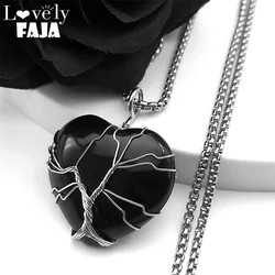 Tree of Life Black Heart Stone Pendant Necklace for Men Women Gothic Stainless Steel Chain Necklaces Jewelry NZZZ367-3S03
